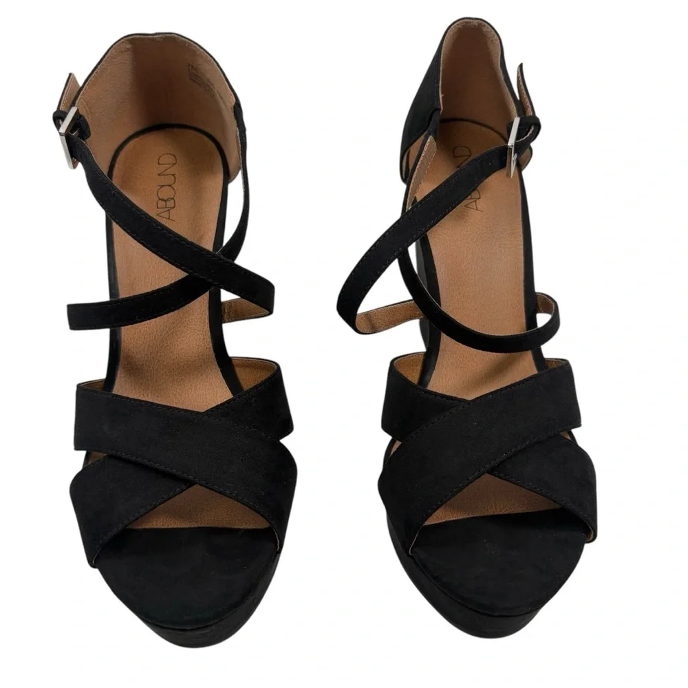 Abound 7m Bria Fab Black Faux Suede Strappy Open Peep Toe Wedges Shoes New Box - Picture 2 of 7